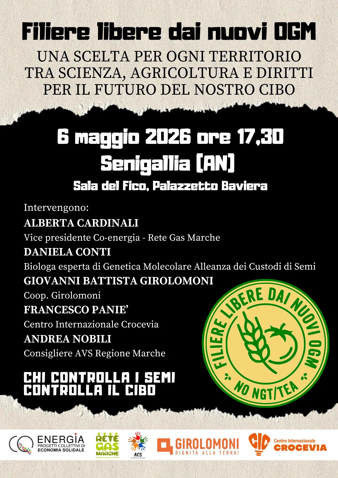 Filiere libere dai nuovi OGM, incontro pubblico il 6 maggio a Senigallia (AN)
